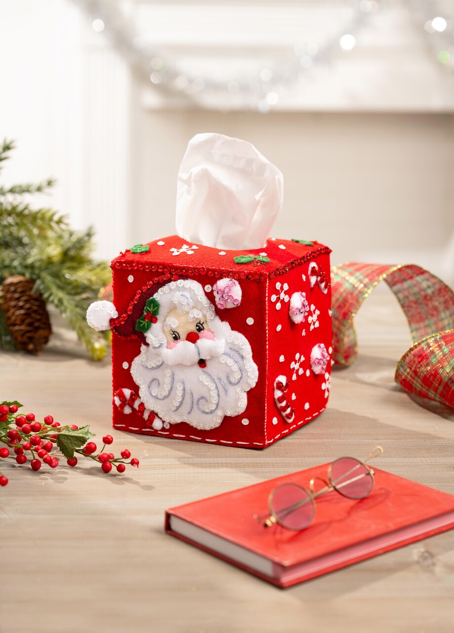 Bucilla Tissue Box Cover Felt Applique Kit 4.5"X4.5"X4.5"-Jolly St. Nick